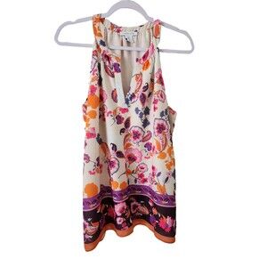 Tabitha Webb Womens Sleeveless Tunic Top Size L Ivory Multicolor Floral Y-Neck